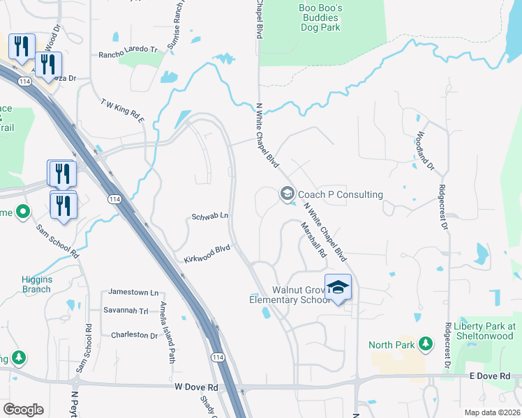 map of restaurants, bars, coffee shops, grocery stores, and more near 521 Round Hollow Lane in Southlake
