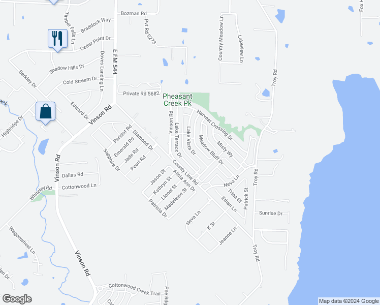 map of restaurants, bars, coffee shops, grocery stores, and more near 2915 Lake Vista Drive in Wylie
