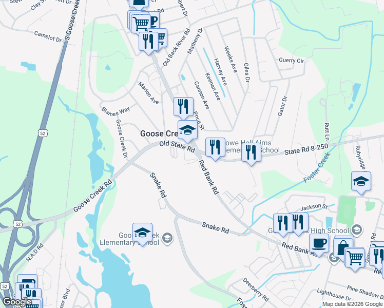 map of restaurants, bars, coffee shops, grocery stores, and more near 608 Red Bank Road in Goose Creek