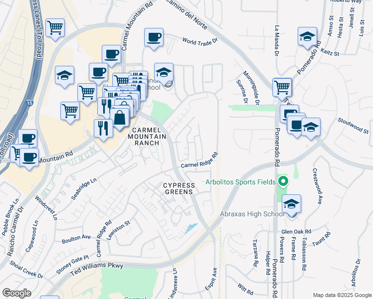 map of restaurants, bars, coffee shops, grocery stores, and more near 14461 Rutledge Square in San Diego