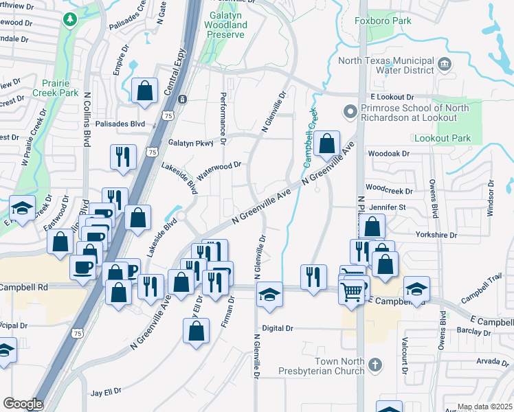 map of restaurants, bars, coffee shops, grocery stores, and more near 2200 North Greenville Avenue in Richardson