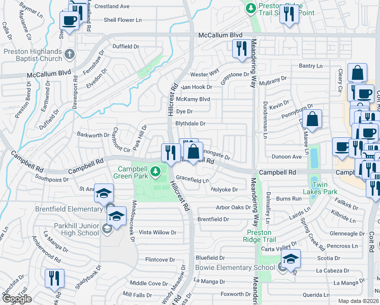 map of restaurants, bars, coffee shops, grocery stores, and more near 7124 Campbell Road in Dallas