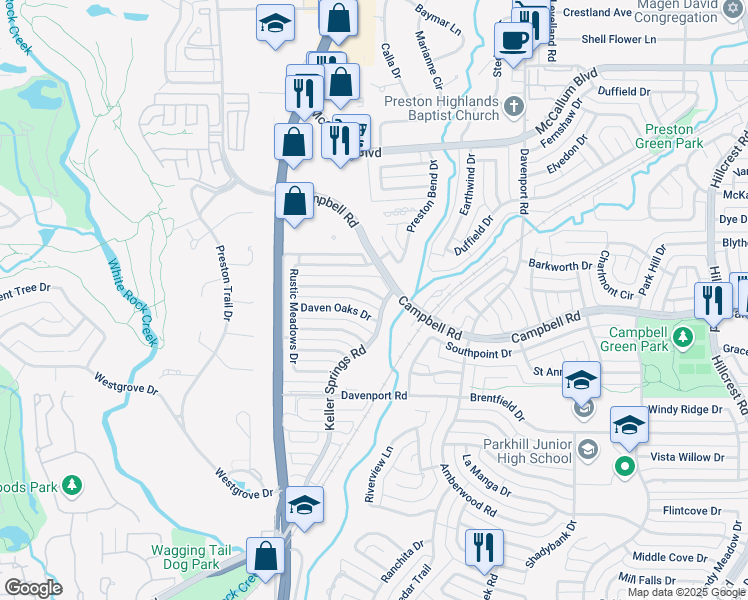 map of restaurants, bars, coffee shops, grocery stores, and more near 6026 Daven Oaks Drive in Dallas