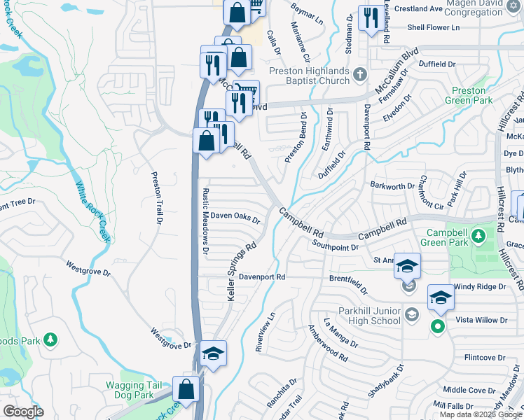 map of restaurants, bars, coffee shops, grocery stores, and more near 6026 Daven Oaks Drive in Dallas