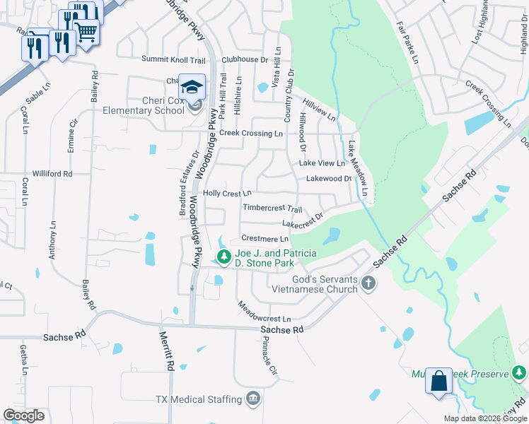 map of restaurants, bars, coffee shops, grocery stores, and more near 6204 Lakecrest Drive in Sachse