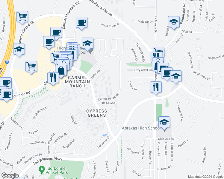 map of restaurants, bars, coffee shops, grocery stores, and more near 12327 Cornwallis Square in San Diego