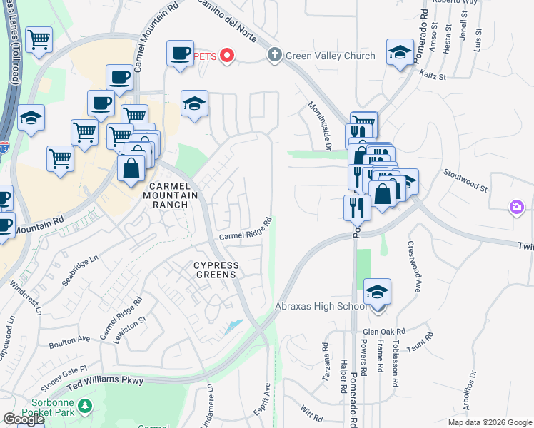 map of restaurants, bars, coffee shops, grocery stores, and more near 14594 Carmel Ridge Road in San Diego
