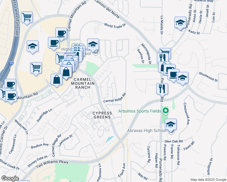 map of restaurants, bars, coffee shops, grocery stores, and more near 14473 North Church Square in San Diego