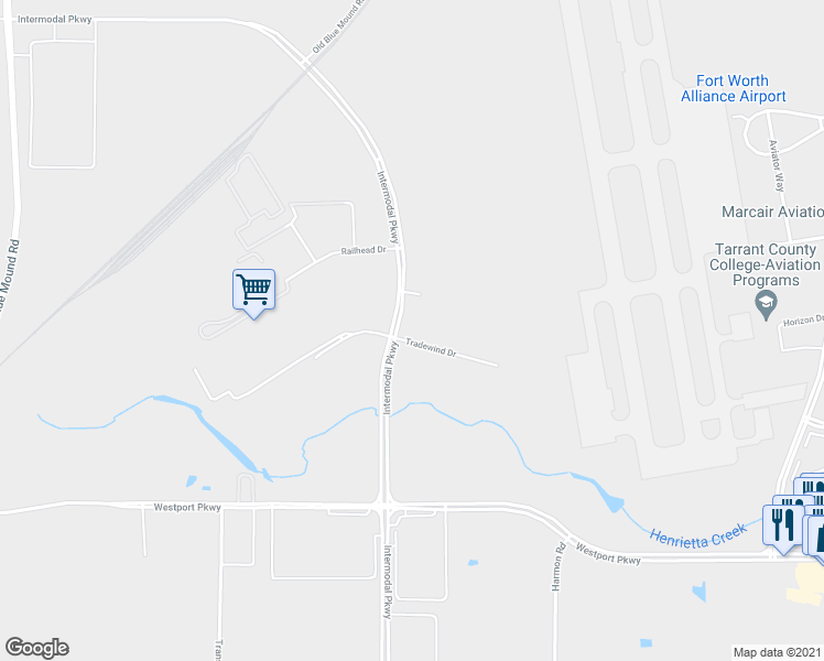 map of restaurants, bars, coffee shops, grocery stores, and more near 201 Intermodal Parkway in Fort Worth