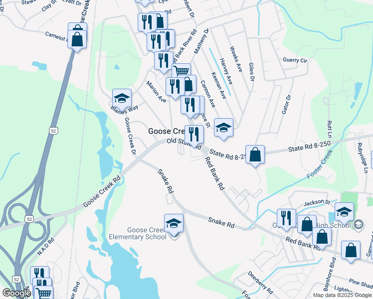 map of restaurants, bars, coffee shops, grocery stores, and more near 601 Old State Road in Goose Creek