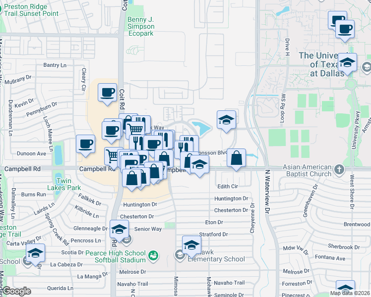 map of restaurants, bars, coffee shops, grocery stores, and more near 1240 West Campbell Road in Richardson