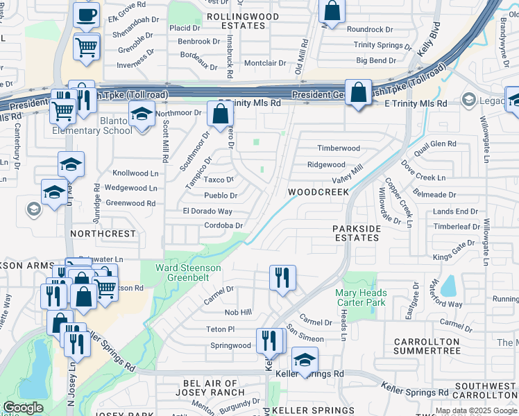 map of restaurants, bars, coffee shops, grocery stores, and more near 2176 Cordoba Drive in Carrollton