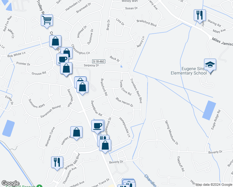 map of restaurants, bars, coffee shops, grocery stores, and more near 103 Blue Heron Drive in Summerville