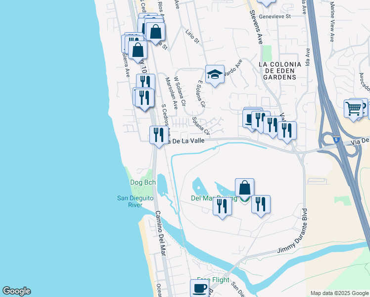 map of restaurants, bars, coffee shops, grocery stores, and more near 121 Via De La Valle in Del Mar