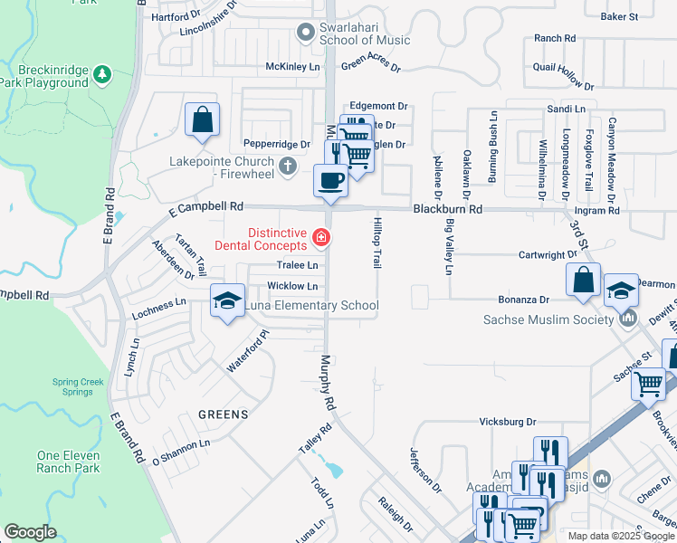 map of restaurants, bars, coffee shops, grocery stores, and more near 1234 Wicklow Lane in Garland