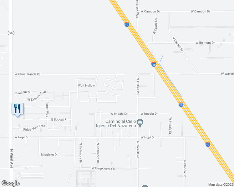 map of restaurants, bars, coffee shops, grocery stores, and more near 848 East Settlers Trail in Casa Grande