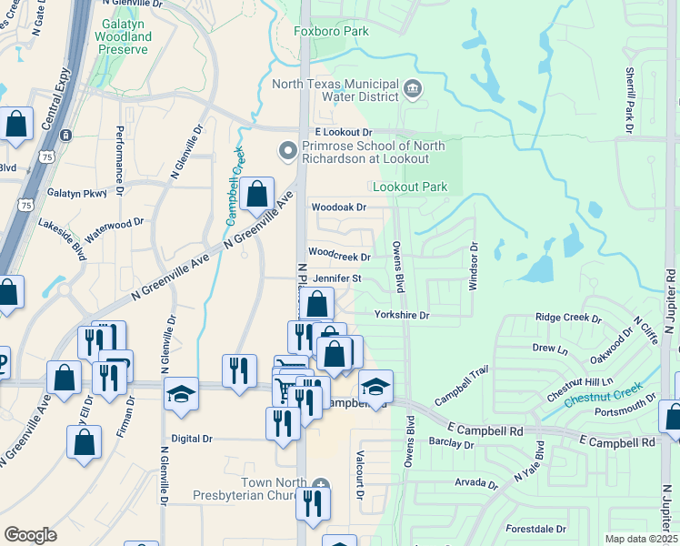 map of restaurants, bars, coffee shops, grocery stores, and more near 1413 Jennifer Street in Richardson