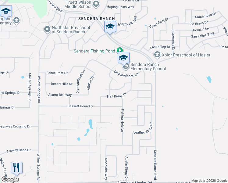 map of restaurants, bars, coffee shops, grocery stores, and more near 13728 Village Vista Drive in Haslet