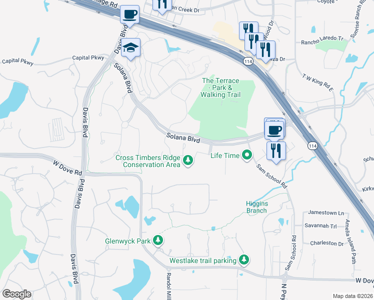 map of restaurants, bars, coffee shops, grocery stores, and more near 2104 Ainsley Ct in Westlake