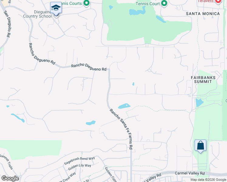 map of restaurants, bars, coffee shops, grocery stores, and more near 14741 Rancho Santa Fe Farms Road in Rancho Santa Fe
