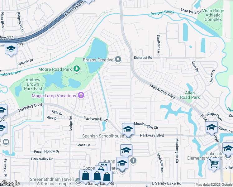 map of restaurants, bars, coffee shops, grocery stores, and more near 612 Johnson Drive in Coppell
