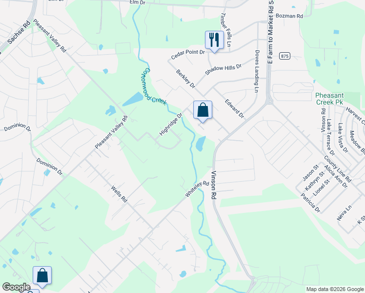 map of restaurants, bars, coffee shops, grocery stores, and more near 834 Meadowview Drive in Wylie