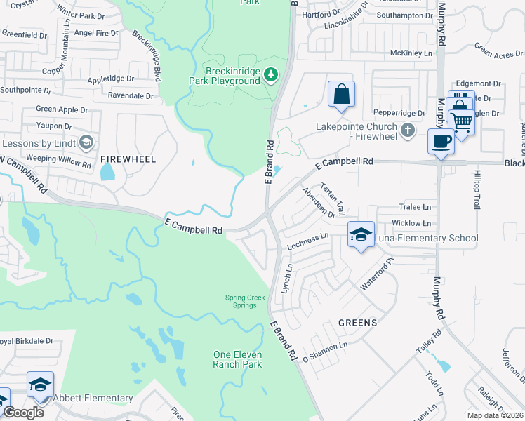 map of restaurants, bars, coffee shops, grocery stores, and more near 2525 East Brand Road in Garland