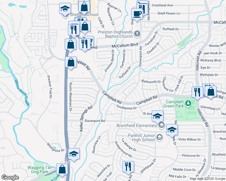 map of restaurants, bars, coffee shops, grocery stores, and more near 17101 Earthwind Drive in Dallas