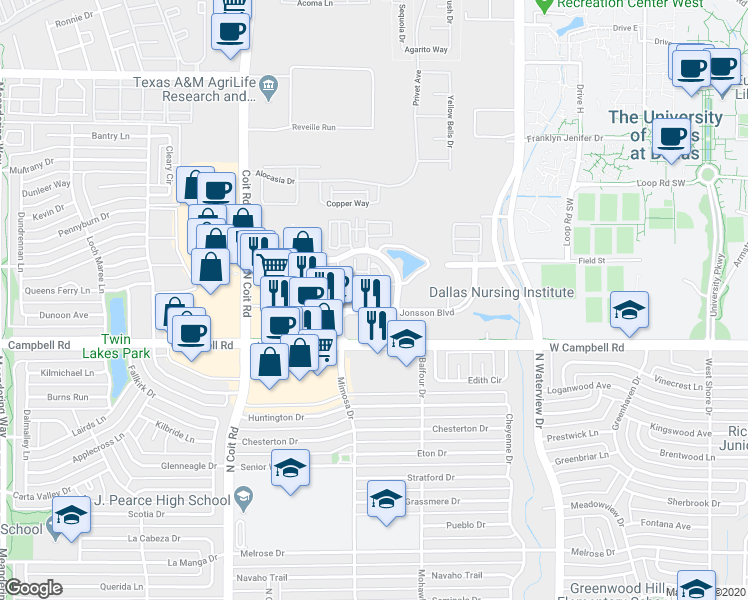 map of restaurants, bars, coffee shops, grocery stores, and more near Naples Drive in Richardson