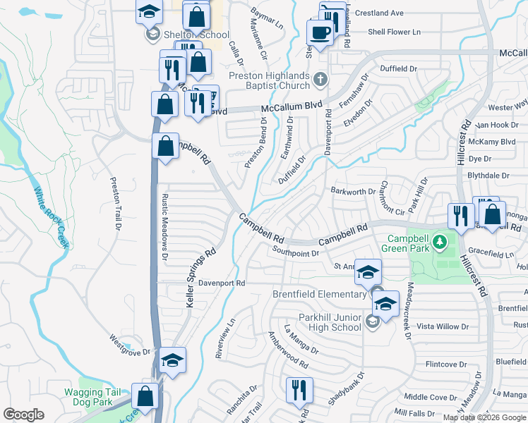 map of restaurants, bars, coffee shops, grocery stores, and more near 17101 Earthwind Drive in Dallas