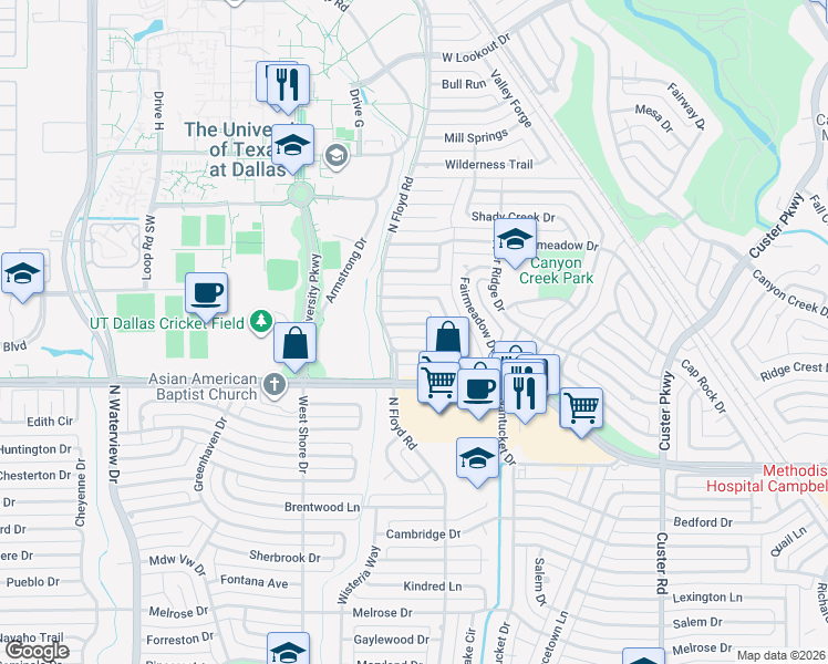 map of restaurants, bars, coffee shops, grocery stores, and more near 5 Vicksburg Lane in Richardson
