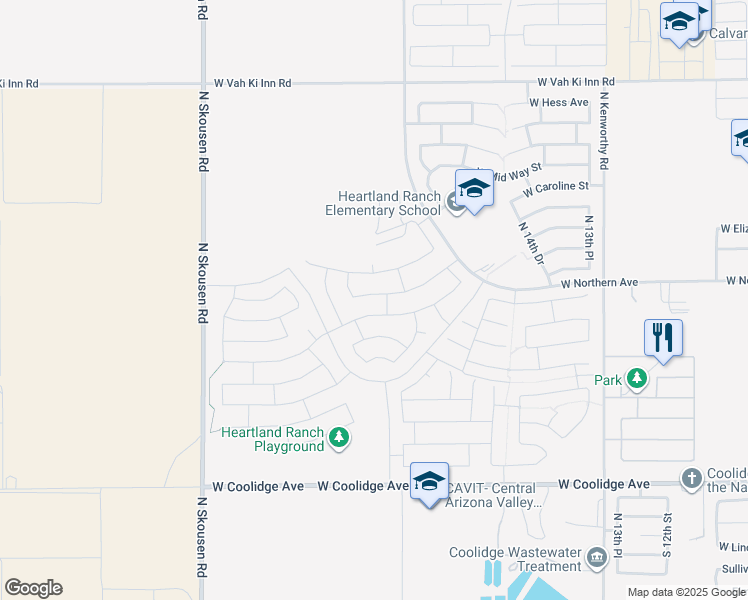 map of restaurants, bars, coffee shops, grocery stores, and more near 1902 West Pima Avenue in Coolidge