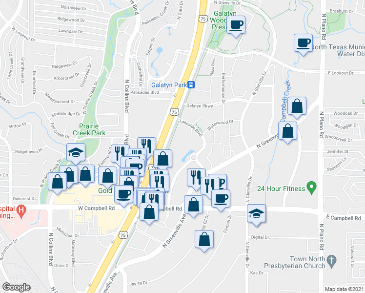 map of restaurants, bars, coffee shops, grocery stores, and more near 2201 Lakeside Boulevard in Richardson