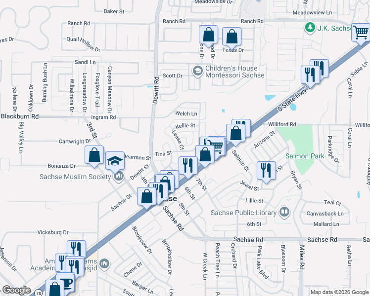 map of restaurants, bars, coffee shops, grocery stores, and more near 6405 Leasa Court in Sachse