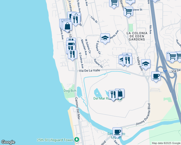 map of restaurants, bars, coffee shops, grocery stores, and more near 121 Via De La Valle in Del Mar