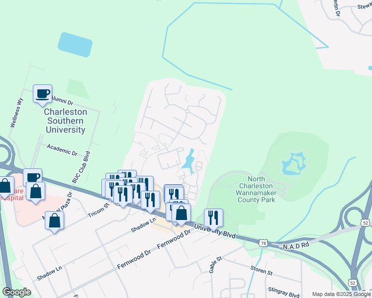 map of restaurants, bars, coffee shops, grocery stores, and more near 2605 Elms Plantation Boulevard in North Charleston