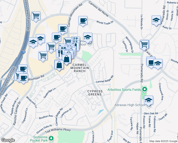 map of restaurants, bars, coffee shops, grocery stores, and more near 12033 Eastbourne Road in San Diego