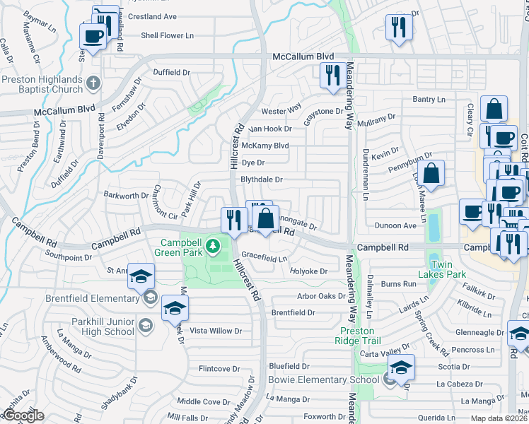map of restaurants, bars, coffee shops, grocery stores, and more near 16806 Thomas Chapel Drive in Dallas