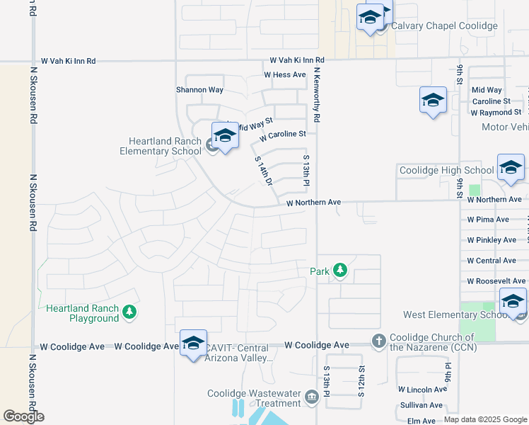 map of restaurants, bars, coffee shops, grocery stores, and more near 1452 West Pima Avenue in Coolidge