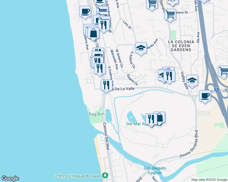 map of restaurants, bars, coffee shops, grocery stores, and more near 107 Via De La Valle in Del Mar