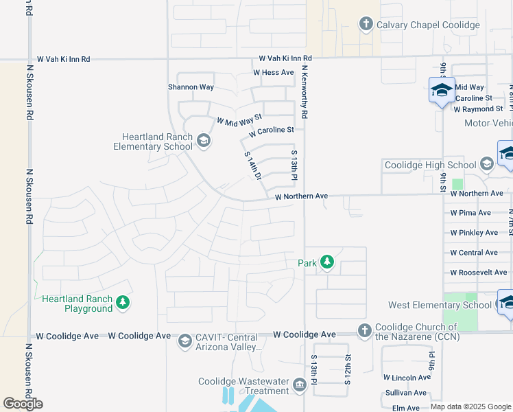 map of restaurants, bars, coffee shops, grocery stores, and more near 1452 West Pima Avenue in Coolidge