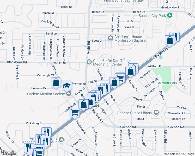 map of restaurants, bars, coffee shops, grocery stores, and more near 6405 Leasa Court in Sachse