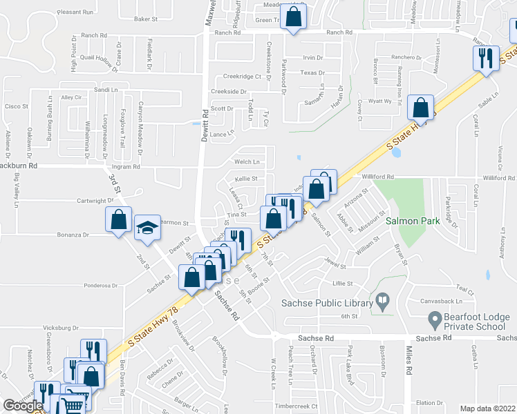 map of restaurants, bars, coffee shops, grocery stores, and more near 3125 Tina Street in Sachse