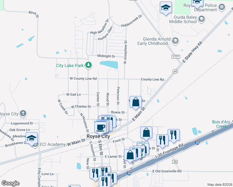 map of restaurants, bars, coffee shops, grocery stores, and more near 807 Peterson Street in Royse City