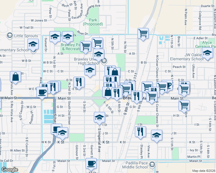 map of restaurants, bars, coffee shops, grocery stores, and more near 149-299 North 5th Street in Brawley