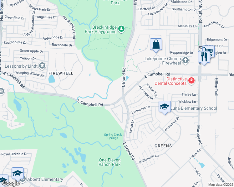 map of restaurants, bars, coffee shops, grocery stores, and more near 2525 East Brand Road in Garland