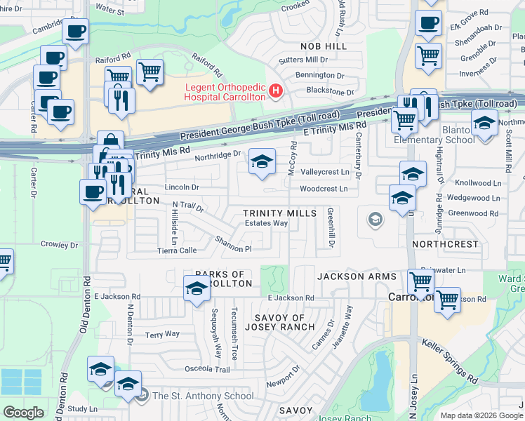 map of restaurants, bars, coffee shops, grocery stores, and more near 1519 Northland Street in Carrollton