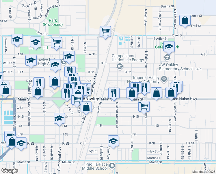 map of restaurants, bars, coffee shops, grocery stores, and more near 919 E Street in Brawley