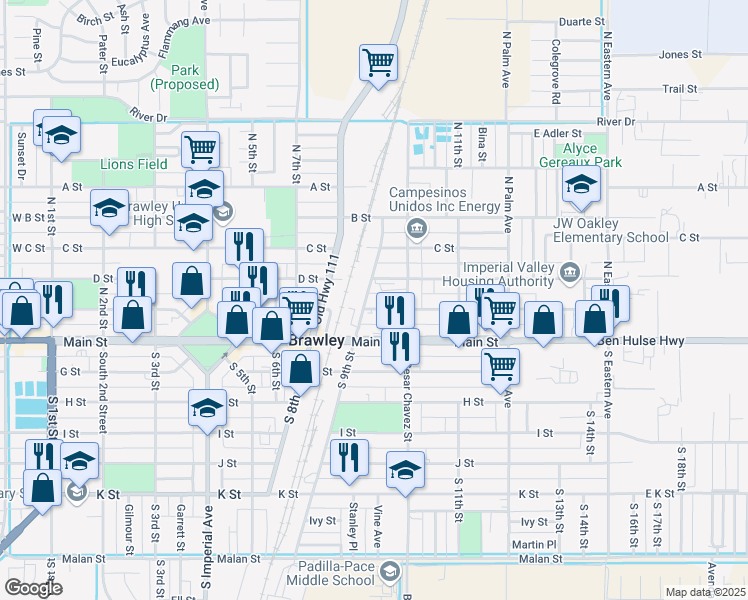 map of restaurants, bars, coffee shops, grocery stores, and more near 266 North 9th Street in Brawley
