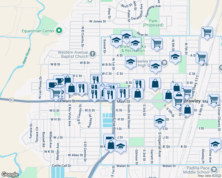 map of restaurants, bars, coffee shops, grocery stores, and more near 271 North 1st Street in Brawley